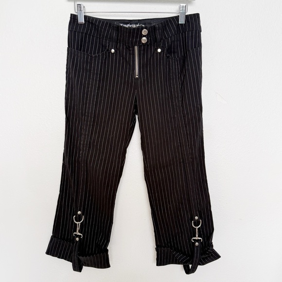 Lip Service Pants - Vintage Y2K Lip Service Gangsta Pranksta Black Pinstripe Capri Pants Bondage